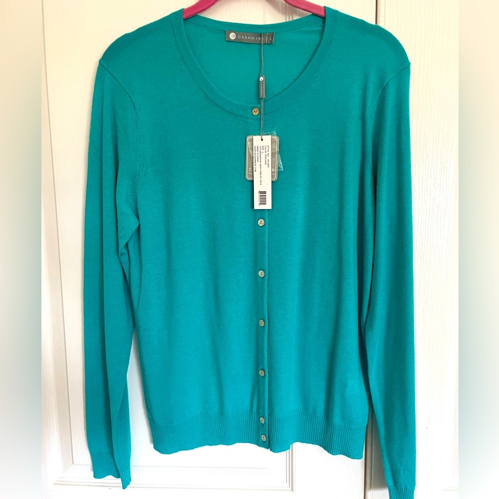 Cashmere Turquoise Blue Cardigan Sweater size LARGE - Buttons, round neck - NEW